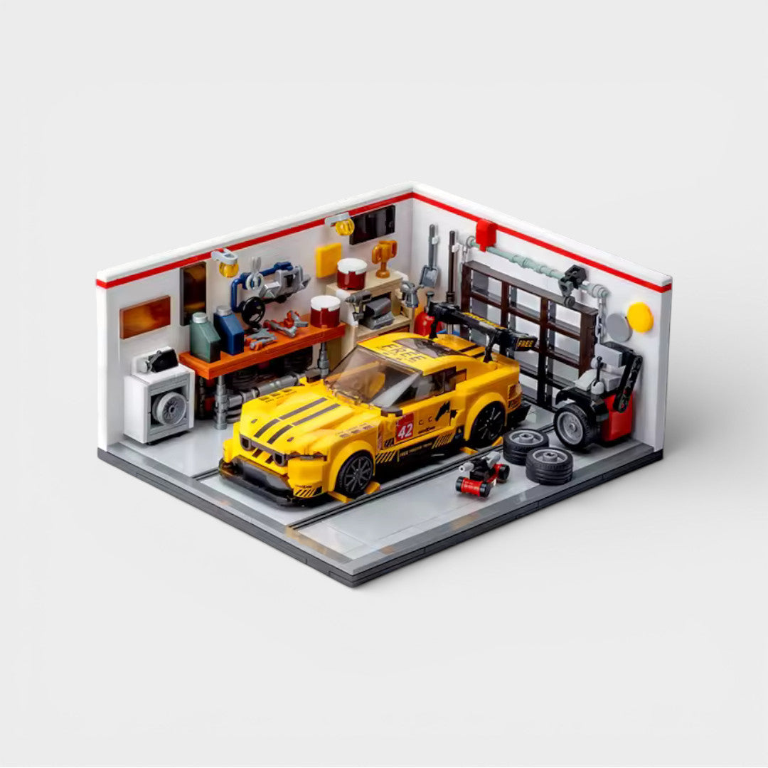 Atelier Speedbrick avec voiture exposée en briques exemple d’usage