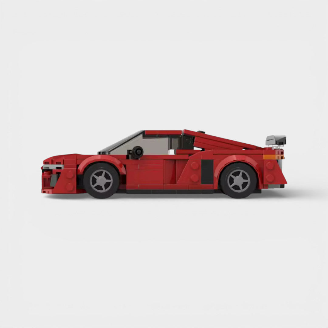 Vue de profil de l'Audi R8 rouge en briques ABS à construire Speedbrick