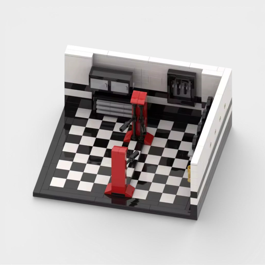 Vue arrière du garage Speedbrick pour exposer une voiture en briques