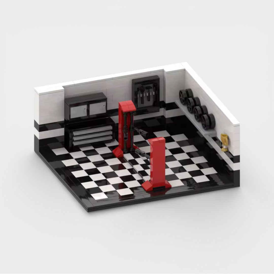 Vue de profil du garage Speedbrick pour exposer une voiture en briques