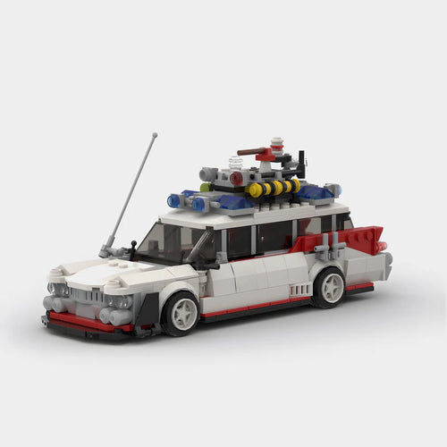 Vue avant de la Ecto-1 Ghostbusters en briques ABS à construire Speedbrick