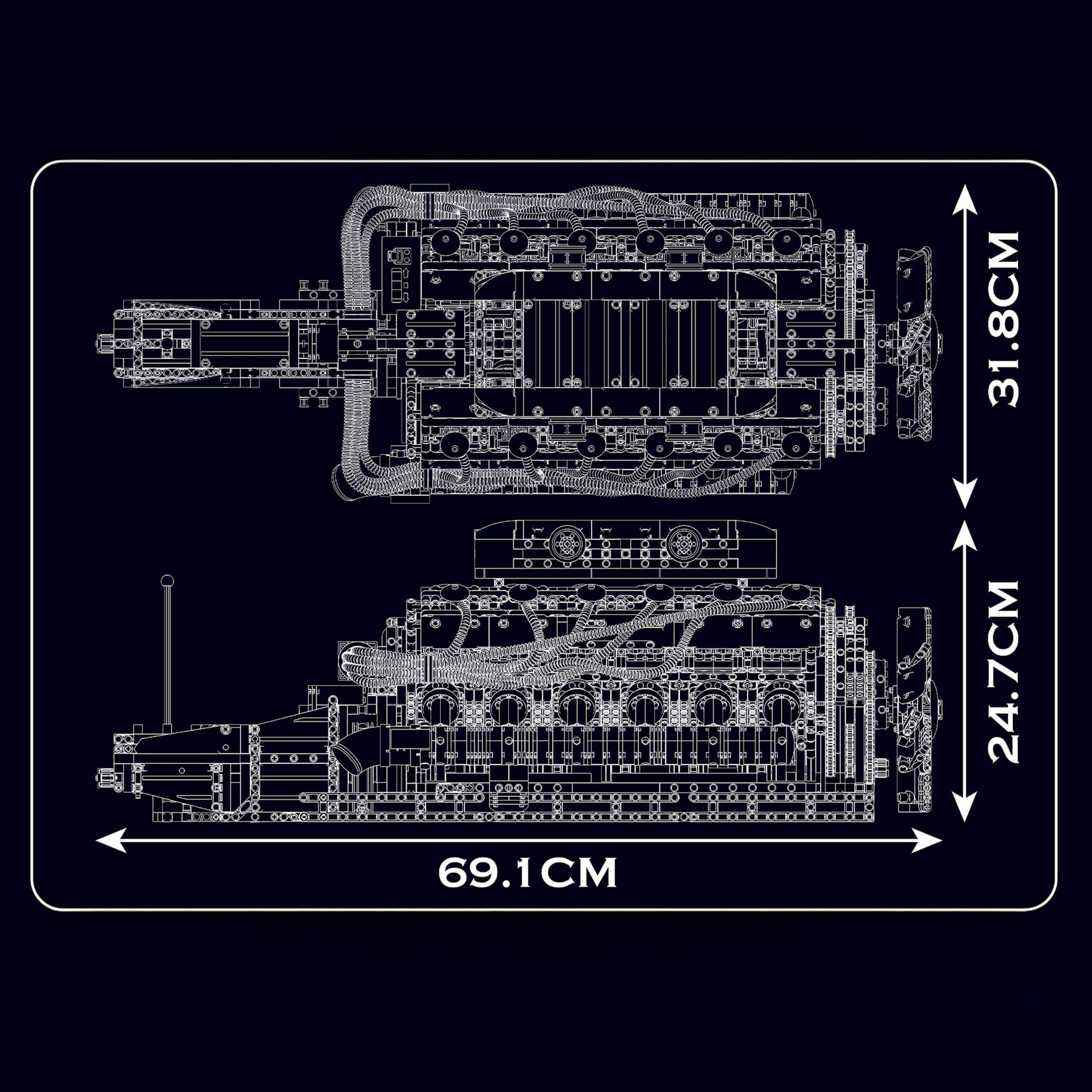 Schéma et dimensions du moteur V12 Ferrari en briques motorisé