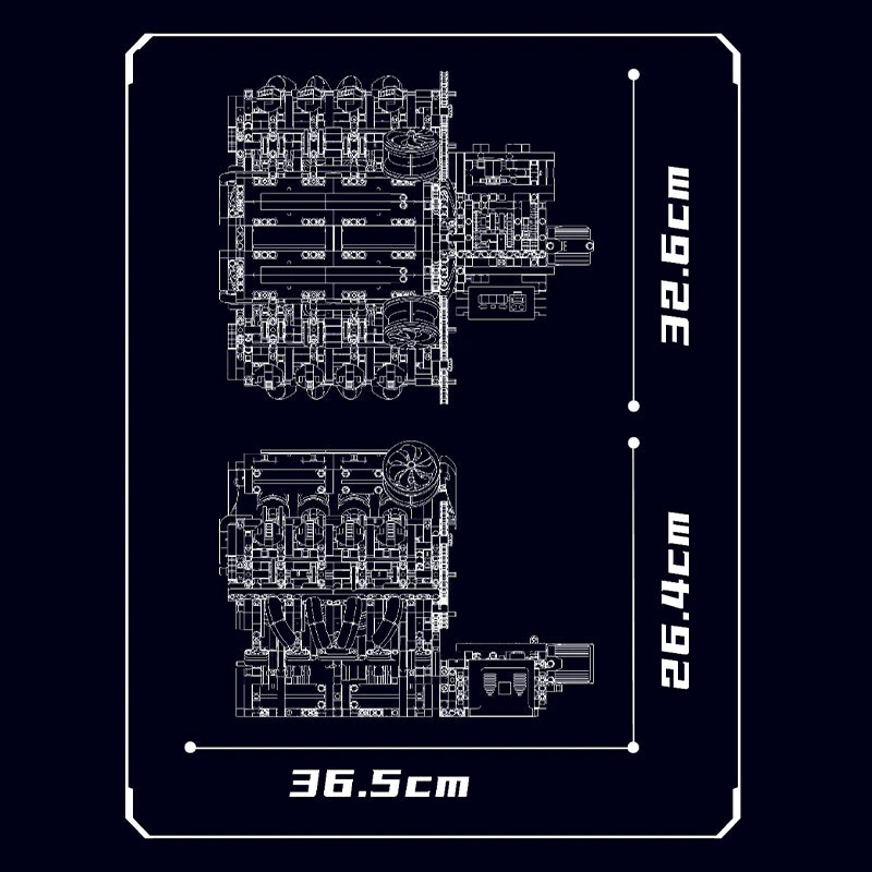 Schéma et dimensions du moteur V8 4.0L Bi-Turbo Ferrari SF90 en briques motorisé
