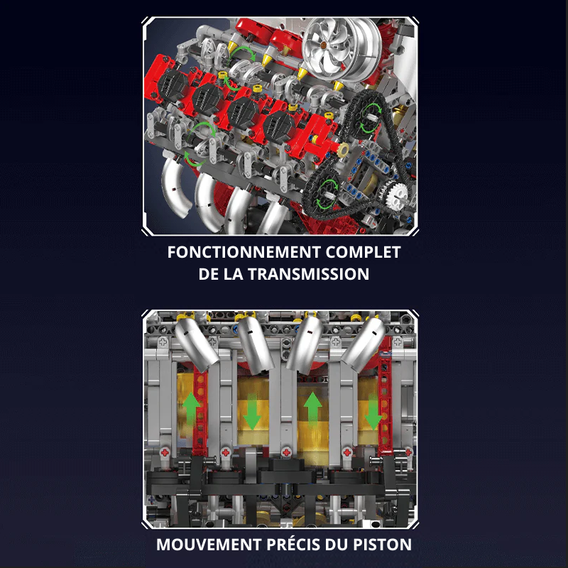 Moteur V8 4.0L Bi-Turbo Ferrari SF90 en briques montrant le fonctionnement des pistons et de la transmission