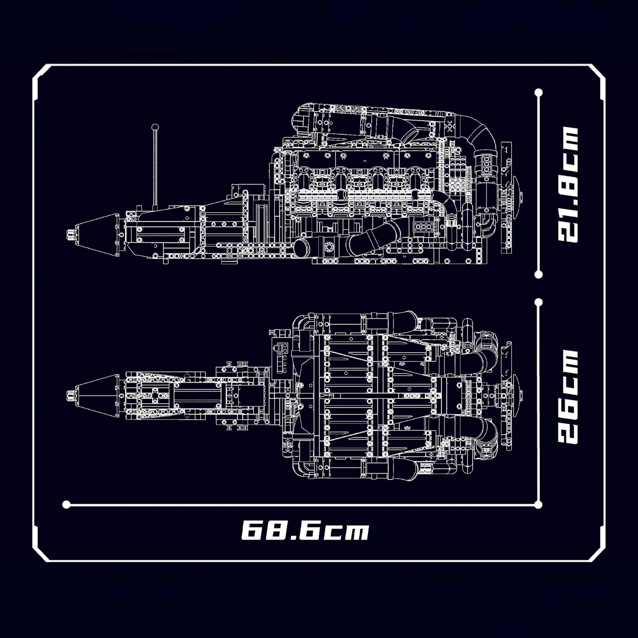 Schéma et dimensions du moteur V8 5.5L bi-turbo en briques motorisé
