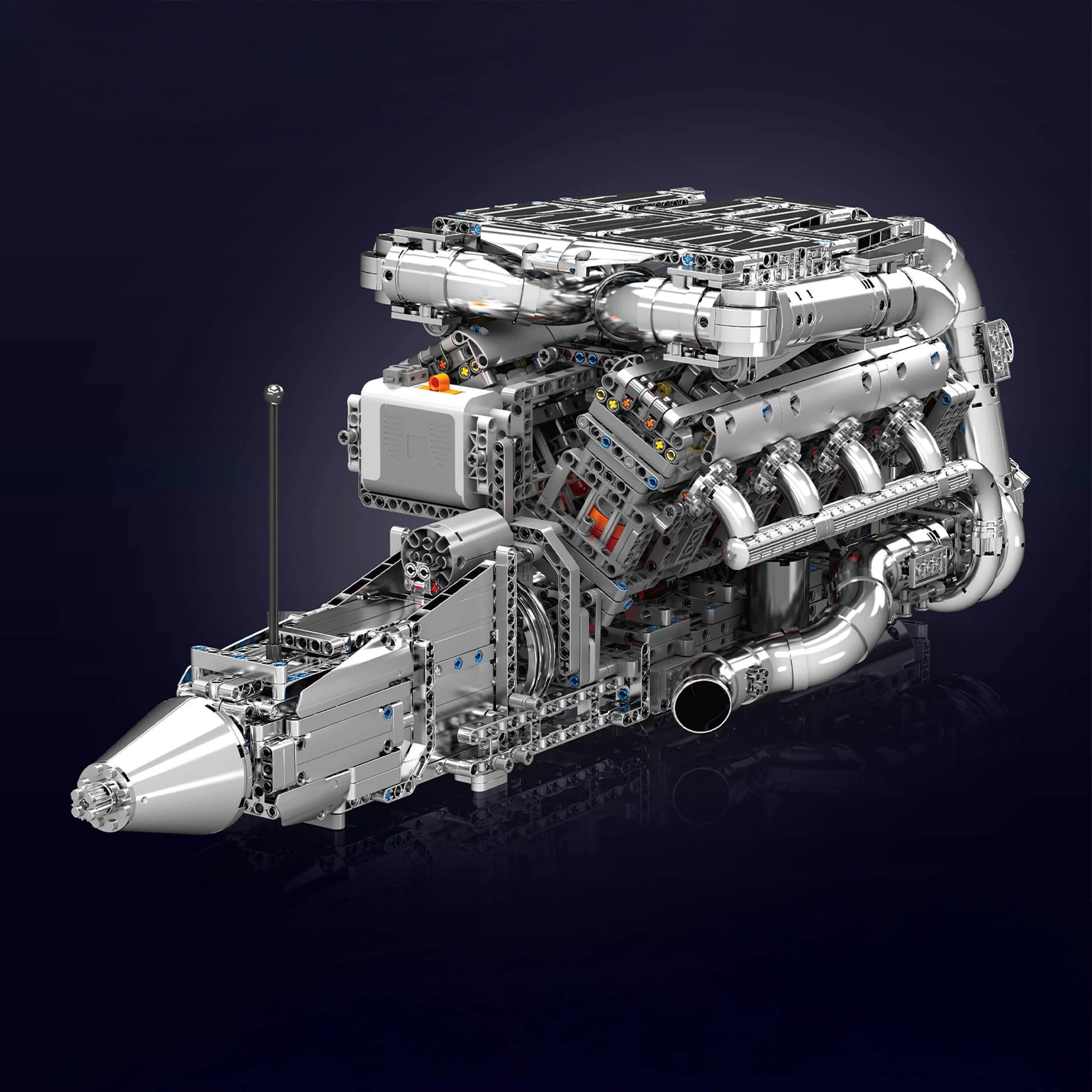 Vue arrière du moteur V8 5.5L bi-turbo motorisé en briques