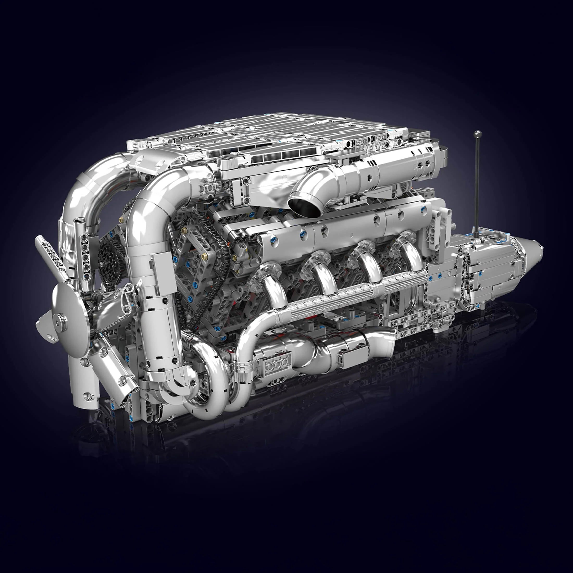 Vue avant du moteur V8 5.5L bi-turbo en briques motorisé détaillée