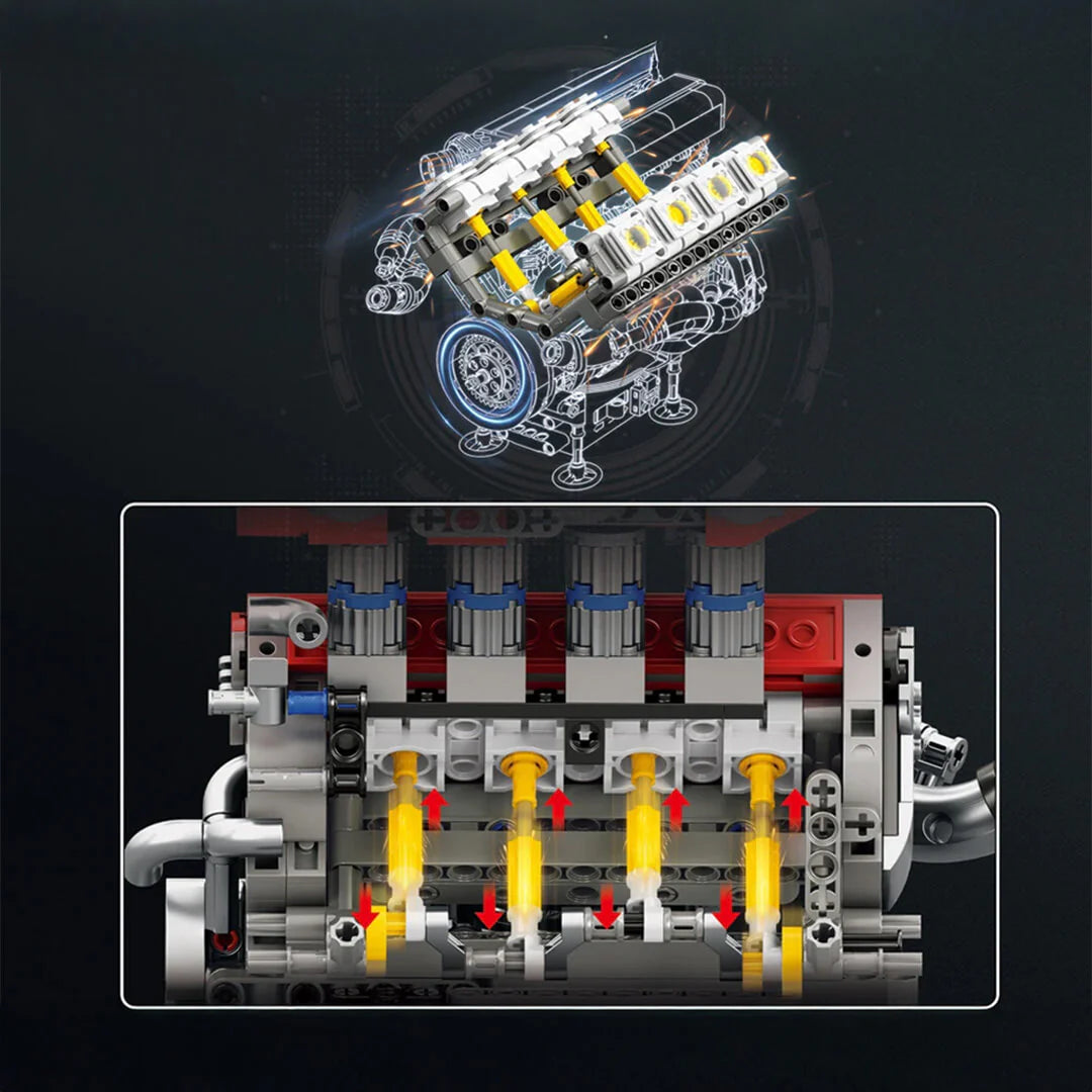 Moteur V8 F136 4.3L Ferrari en briques montrant le fonctionnement des pistons