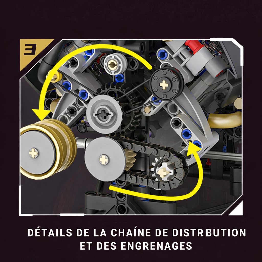 Détail de la chaîne de distribution du moteur V8 Supercar en briques