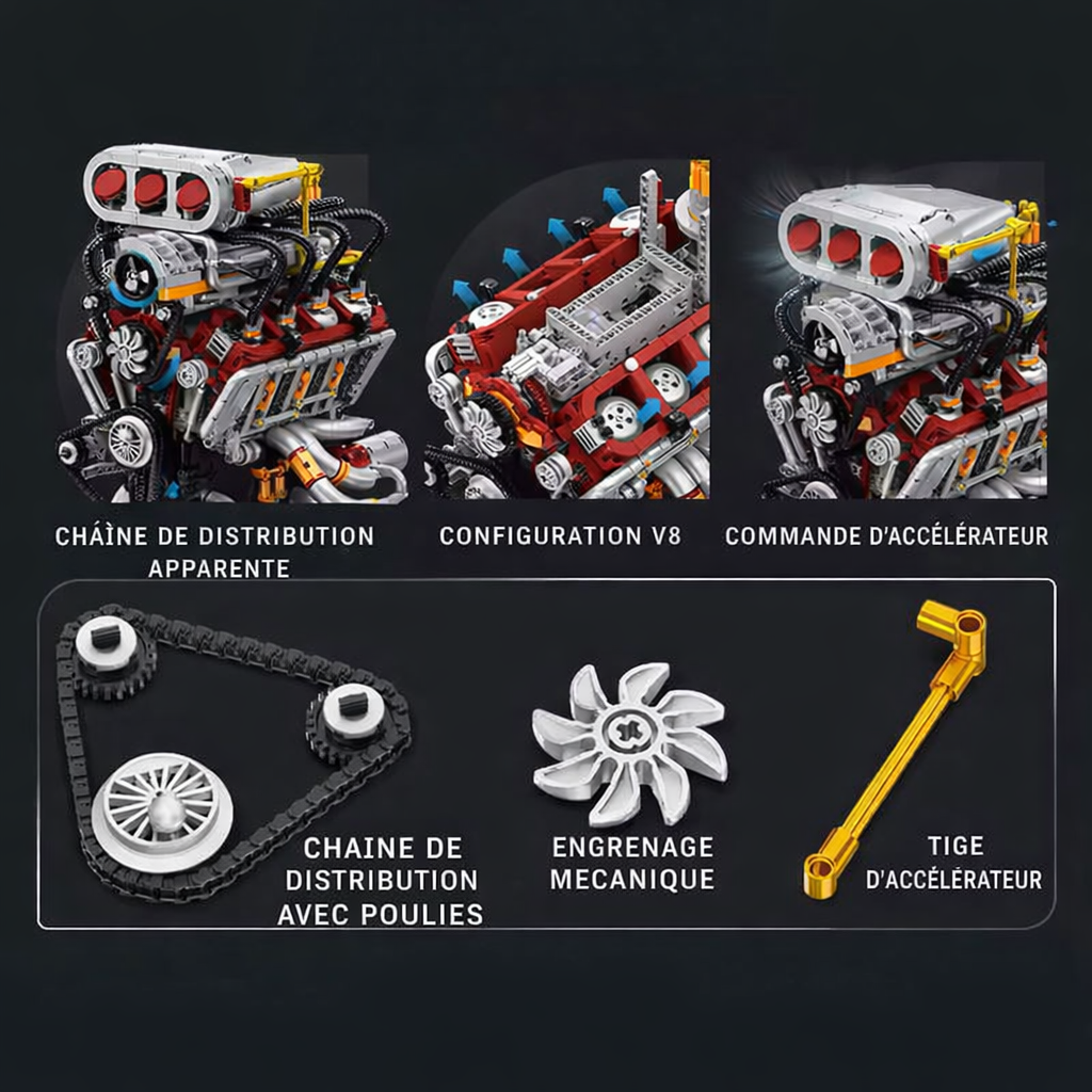 Détails mécaniques du moteur V8 Supercharged en briques avec pièces mobiles