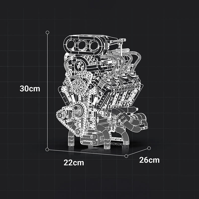 Schéma technique et dimensions du moteur V8 Supercharged en briques motorisé