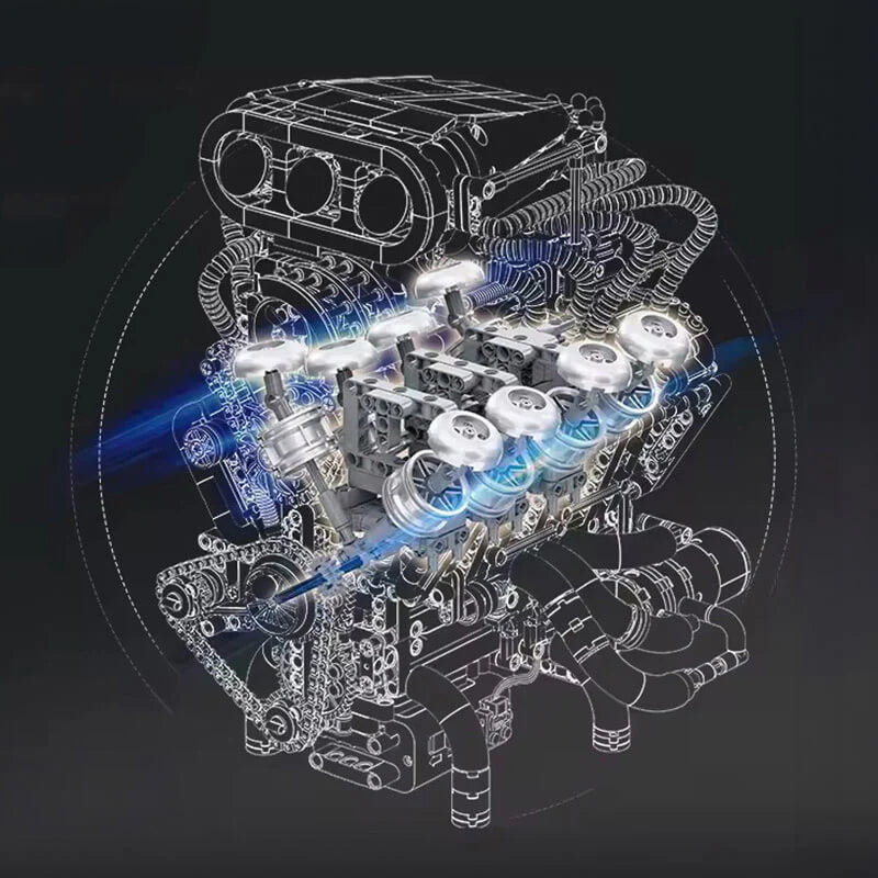 Vue transparente du moteur V8 Supercharged en briques montrant le mécanisme interne