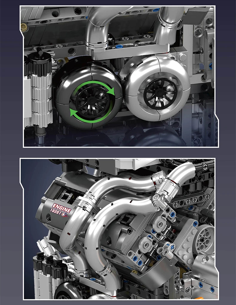 Détails mécaniques du moteur W16 8.0L Bugatti en briques motorisé