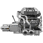 Vue de profil du moteur W16 8.0L Bugatti en briques avec boîte de vitesses