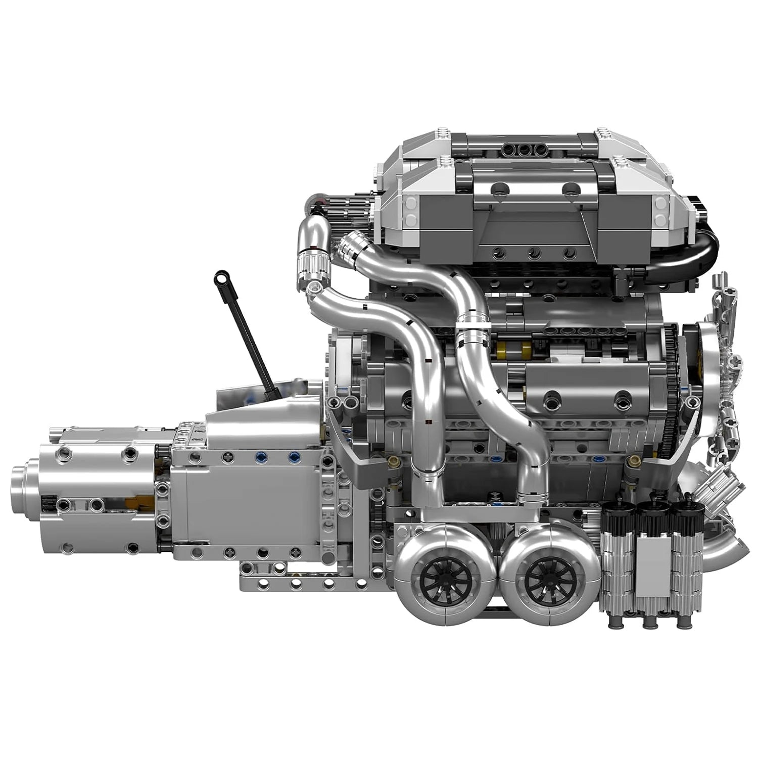 Vue de profil du moteur W16 8.0L Bugatti en briques avec boîte de vitesses